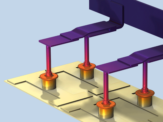 A closeup view of a busbar assembly model showing the temperature.
